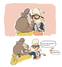anthro bell brown_body brown_fur brown_wool clothing duo eyewear female fur glasses heart_symbol holding_partner jacket kissing kissing_cheek male shippings smile smirk smirking_at_partner talking_about_another topwear white_body white_fur white_wool wool_(fur) wool_hair yellow_clothing yellow_jacket_(clothing) yellow_topwear miss-ewe3479 disney zootopia dawn_bellwether doug_ramses bovid caprine mammal sheep hi_res