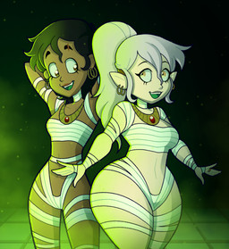 alternate_universe brown_hair duo ear_piercing ear_ring female female/female hair holidays jack-o'-lantern mummy_costume mummy_wrappings open_mouth open_smile piercing raised_arms ring_piercing smile tonyneely disney halloween the_owl_house amity_blight luz_noceda human humanoid mammal witch_(the_owl_house) absurd_res digital_drawing_(artwork) digital_media_(artwork) hi_res painting_(artwork)