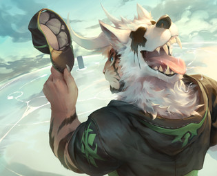 2_heads anthro claws clothing cloud fangs fur hat head_mouth headgear headwear hoodie horn male multi_head sky solo striped_body striped_fur stripes teeth tongue tongue_out topwear white_body white_fur null-ghost null-ghost_(character) canid canine demon felid hybrid mammal pantherine tiger 2015