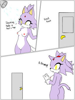accessory anthro areola bathing border butt dialogue female forehead_gem fur gem headband navel nude purple_body purple_fur red_areola red_headband showering solo text white_border yellow_eyes hikaridraws sega sonic_the_hedgehog_(series) blaze_the_cat felid feline mammal 3:4 absurd_res english_text hi_res