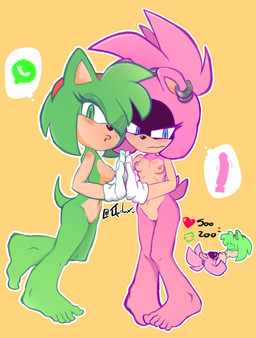 alternate_color anthro barely_visible_genitalia barely_visible_vulva blowing_kiss blue_eyes blush breasts clothing dildo duo feet female female/female genitals gloves green_body green_eyes handwear humanoid_feet innie_vulva kissing nipples nude pink_body plantigrade red_hairband sex_toy simple_background small_breasts tan_body thought_bubble vulva yellow_background quilux_(artist) idw_publishing sega sonic_the_hedgehog_(comics) sonic_the_hedgehog_(idw) sonic_the_hedgehog_(series) amy_rose surge_the_tenrec afrosoricid eulipotyphlan hedgehog mammal tenrec