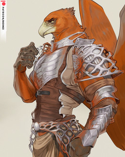 5_fingers anthro armor back_wings beak bottomwear breastplate brown_body brown_feathers brown_wings clothing deltoids feathered_wings feathers fingers gauntlets gloves grey_beak handwear humanoid_hands loincloth male muscular muscular_anthro muscular_male nipples non-mammal_nipples pecs scuted_hands scutes simple_background solo standing text wings yellow_eyes ekzonzz elden_ring elden_ring_nightreign fromsoftware patreon guardian_(nightreign) accipitrid accipitriform avian bird eagle 2025 4:5 hi_res url