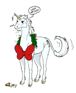 ambiguous_gender annoyed black_eyes bow_ribbon cake dessert eating feral food fruit_cake hair holidays horn mistletoe plant solo standing text thought_bubble white_body white_hair wreath cybercorn_entropic christmas mythology yule-nicorn equid equine mammal mythological_creature mythological_equine unicorn 2025 english_text