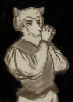 anthro bottomwear clothed clothed_anthro clothed_male clothing ears_up eyebrows fur hands_together horn looking_forward male pants shirt solo topwear white_body white_fur white_wool wool_(fur) reynard_goodfellow reynard_the_baa bovid caprine mammal sheep monochrome