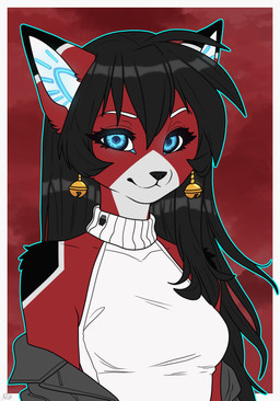 anthro armwear bell bell_accessory bell_ear_ring black_hair blue_eyes blue_outline clothing coat detached_sleeves ear_piercing ear_ring eyebrows eyelashes female fur glowing glowing_eyes gold_(metal) gold_ear_ring gold_jewelry grey_clothing grey_coat grey_topwear hair jewelry long_hair machine markings multicolored_body multicolored_fur outline pattern_background piercing red_body red_fur ring_piercing short_snout simple_background sleeveless_clothing solo solo_in_panel sweater topwear turtleneck white_clothing white_eyebrows white_topwear netok ara_(fluff-kevlar) android domestic_cat felid feline felis mammal robot 2025 absurd_res digital_drawing_(artwork) digital_media_(artwork) headshot_portrait hi_res portrait signature