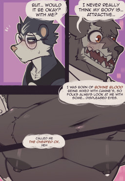 3_panel_comic anthro arm_scar aroused belly big_belly big_muscles big_nipples big_pecs black_body black_clothing black_fur blush bodily_fluids bone bottomwear clothed clothing dialogue duo eyewear fingers fur glasses huge_pecs lactating larger_male looking_at_another male male_lactation milk musclegut muscular muscular_anthro muscular_male navel nipples orange_eyes pecs scar size_difference skull skull_head sweat text king_slabu adrian_(king_slabu) nolan_(king_slabu) american_opossum canid canine canis domestic_dog mammal marsupial spirit virginia_opossum absurd_res comic digital_media_(artwork) english_text hi_res
