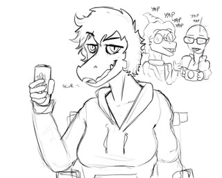 anthro anthro_focus bald beverage beverage_can big_breasts bone_frill breasts buckteeth camera clothed clothed_anthro clothed_female clothed_human clothed_male clothing dialogue disability eyebrow_through_hair eyebrows eyewear female female_focus fingers freckled_face freckles frill_(anatomy) glasses group hair holding_beverage holding_camera holding_object hoodie humanoid_hands male markings nerd non-mammal_breasts open_mouth open_smile paraplegic raised_eyebrow round_glasses short_hair sitting smile solo_focus striped_markings stripes talking_to_another talking_to_viewer teeth text topwear translucent translucent_hair trio vehicle wheelchair alsius_arcticus cavemanon_studios i_wani_hug_that_gator monster_energy benjamin_mcknight inco_(iwhtg) olivia_halford baryonyx dinosaur hadrosaurid human mammal ornithischian ornithopod parasaurolophus prehistoric_species reptile saurischian scalie spinosaurid theropod 5:4 absurd_res english_text greyscale hi_res monochrome