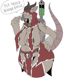 adeptus_mechanicus anthro areola areola_slip belly big_belly big_breasts biped bottomwear breasts clothing female front_view gas_mask hairless hood horn loincloth mask robe rodent_tail scar slightly_chubby solo standing tail text thick_thighs sepiruth warhammer_(franchise) mammal murid murine rat rodent skaven translated