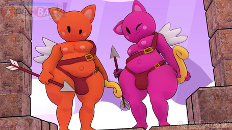 anthro anthro_on_anthro ass_to_ass balls belly bent_over big_belly big_butt black_eyes bottom_heavy bow_(weapon) brown_clothing brown_underwear butt butt_jiggle closed_smile clothing curvy_figure duo empty_eyes feathered_wings feathers floating_island flying frown fur genitals glistening glistening_balls glistening_body glistening_butt glistening_eyes glistening_genitalia glistening_legs glistening_perineum glistening_skin glistening_thighs grass heart_symbol holding_arrow holding_bow_(weapon) holding_object holding_ranged_weapon holding_weapon huge_butt huge_thighs hyper hyper_butt jiggling light looking_at_viewer looking_back looking_back_at_viewer looking_pleasured male male/male moobs mouth_closed multiple_angles navel nipples nude open_mouth open_smile orange_balls orange_body orange_ears orange_perineum orange_skin outside perineum pink_balls pink_body pink_ears pink_inner_ear pink_nipples pink_perineum pink_skin plant presenting presenting_hindquarters ranged_weapon rear_view sash sky slightly_chubby slightly_chubby_anthro slightly_chubby_male smile standing stone_floor text thick_thighs twitter_handle underwear weapon wide_hips wings fanfurry nitrome twin_shot angel domestic_cat felid feline felis mammal 16:9 2026 3d_(artwork) 3d_animation 4k absurd_res animated artist_name colored digital_media_(artwork) english_text hi_res huge_filesize lighting long_playtime multiple_scenes no_sound shaded signature video widescreen