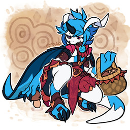 anthro basket belt blue_hair bow_tie claws clothing container costume crouching dress female fungus hair heart_symbol horn leather mushroom red_eyes tail white_body wings blitzdrachin conditional_dnp mythology sifyro dragon mythological_creature mythological_scalie scalie 1:1 2025 digital_drawing_(artwork) digital_media_(artwork) hi_res