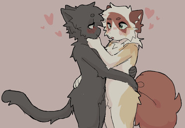 anthro blush cheek_tuft chest_tuft countershading daww facial_tuft fluffy fluffy_tail happy heart_symbol hug nude_anthro nude_male romantic romantic_couple simple_background smile standing tail tuft gaypassionfruit cupid_(gaypassionfruit) zyye domestic_cat felid feline felis mammal 2025