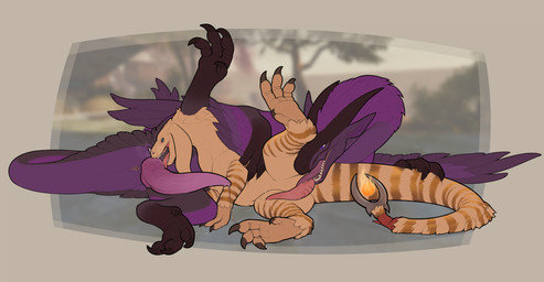 69_position animal_genitalia anus big_penis black_claws blade bodily_fluids butt claws dripping duo feral feral_on_feral fur genital_fluids genital_slit genitals horn knot knotted_penis larger_feral larger_male leaking_precum licking long_tail male male/male male_feral mane markings membrane_(anatomy) oral orange_body orange_fur outside outside_sex pawpads paws penis penis_size_difference precum precum_drip precum_on_ground precum_on_penis precum_squirt precum_string presenting presenting_anus presenting_hindquarters purple_body purple_fur raised_tail sex size_difference slit_play smaller_feral smaller_male striped_markings striped_tail stripes tail tail_blade tail_markings tapering_penis tongue weapon_tail wings snowskau european_mythology mythology iyio_(zikeny) wyvusk deinonychus depthkin depthtor dinosaur dragon dromaeosaurid mythological_creature mythological_scalie prehistoric_species reptile saurischian scalie theropod velociraptor western_dragon wyvern absurd_res hi_res