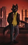 anthro black_body black_fur bottomwear bridge building city city_background clothing denim denim_bottomwear denim_clothing detailed_background fur green_clothing green_shirt green_topwear hand_in_pocket jacket jeans leather leather_clothing leather_jacket leather_topwear male new_york_city pants pockets shirt skyscraper solo standing sunset topwear dante_timberwolf danny_(wolfy) canid canine canis mammal wolf 1998 hi_res