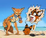 anthro beach bikini blep blue_eyes breasts brown_body brown_fur clothing duo female fur green_eyes heterochromia male orange_body orange_fur sand seaside stripes swimwear tongue tongue_out two-piece_swimsuit yellow_eyes ziegelzeig bad_guy_cafe bluemane_(smneff) fan_character canid canine fox hybrid mammal procyonid raccoon