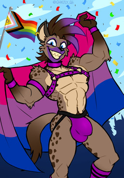 abs anthro armband bisexual_pride_colors brown_body brown_fur brown_hair brown_spots bulge cheek_tuft clothing ear_piercing ear_ring facial_tuft fur grin hair half-closed_eyes harness highlights_(coloring) jockstrap leather leather_armband leather_wristband lgbt_pride male markings muscle_tone muscular muscular_anthro muscular_male narrowed_eyes pecs piercing pride_colors progress_pride_colors purple_highlights ring_piercing smile spots spotted_body spotted_fur spotted_markings tan_body tan_fur tuft underwear ghastlygh lgbt_pride_month jay_(g-h-) hyena mammal spotted_hyena hi_res