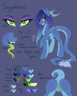 anus butt color_swatch eyeshadow female feral forked_tongue genitals green_eyes hair horn long_hair makeup solo tail text tongue vulva unknown_artist hasbro my_little_pony mythology fan_character sapphire_(mlp) dragon equid equine horse hybrid mammal mythological_creature mythological_scalie pony scalie english_text hi_res model_sheet source_request