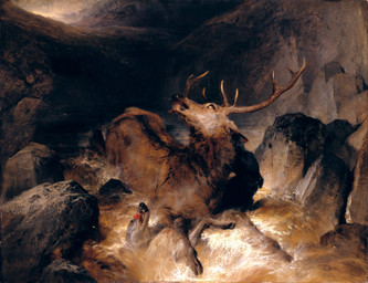 ambiguous_gender antlers attack brown_body brown_fur dea duo feral fur grey_body grey_fur horn rapids river rock edwin_henry_landseer canid canine canis deer domestic_dog mammal 1833 19th_century ancient_art hi_res oil_painting_(artwork) painting_(artwork) traditional_media_(artwork) traditional_painting_(artwork)
