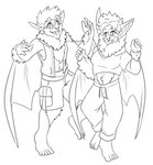 bottomwear cargo_shorts clothed clothing duo ear_expansion expansion facial_hair female fur fur_growth goatee growth human_to_anthro male mid_transformation open_clothing open_shirt open_topwear open_vest shirt shorts snout snout_growth species_transformation topwear transformation vest wings starwolfskin zgf_art werenimal calvin_(werenimal) ra'zim bat human mammal 2023 absurd_res hi_res line_art monochrome