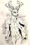 5_fingers anthro antlers bottomwear clothed clothing fingers fur horn humanoid_hands male navel open_clothing open_mouth open_shirt open_topwear pants shirt solo tongue topwear joze_osaka beastars louis_(beastars) cervine deer mammal red_deer hi_res line_art signature