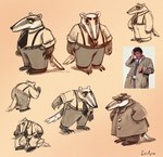 anthro belly bottomwear clothing hat headgear headwear male necktie pants shirt simple_background sitting slightly_chubby solo topwear natalia_grofpel beastly_crimes beastly_crimes_(2024) chief_badger badger mammal mustelid musteline concept_art hi_res official_art