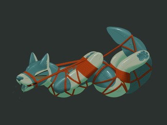 >_< ambiguous_anthro ambiguous_gender anthro bdsm blue_body blue_nose blue_pawpads blue_tail blue_tongue blush bodily_fluids bondage bound eyes_closed glistening glistening_body glistening_pawpads inflatable light lying multicolored_body on_front orange_rope pawpads restraints rope rope_bondage rope_harness solo sweat tail tongue two_tone_body buteoposting animate_inanimate canid canine canis domestic_dog living_inflatable living_pool_toy mammal 2026 full-length_portrait hi_res lighting portrait shaded