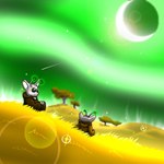 ambiguous_gender antennae_(anatomy) anthro clothed clothing duo fur glowing glowing_antennae grass green_sky moon plant sky tan_body tan_fur tree kitsune_youkai alien 1:1 2013 low_res shaded