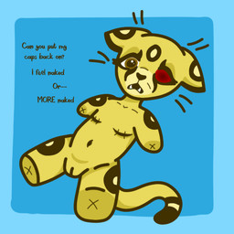 4_missing_limbs amputee anthro brown_eyes chest_scar collar debreasted dialogue disability fangs female fur lying male mastectomy_scar missing_eye on_back quadruple_amputee scar severed_body_part severed_limb slave solo tan_body tan_fur teeth text uncomfortable whisperwell nubbins_(whisperwell) cougar felid feline hybrid mammal 1:1 english_text