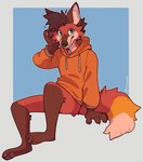 anthro bottomless clothed clothing curious dipstick_tail fur hoodie hoodie_only male markings paws red_body red_fur simple_background solo tail tail_markings topwear topwear_only dozakeet oneshotfox canid canine fox mammal