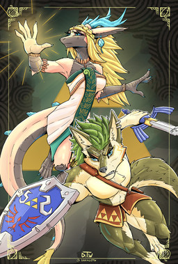 action_pose anthro anthrofied antlers biped black_body black_fur blue_eyes claws clothed clothing duo female finger_claws fur green_body green_fur green_hair hair holding_melee_weapon holding_object holding_shield holding_sword holding_weapon horn male male/female master_sword melee_weapon multicolored_body multicolored_fur pose purple_sclera shield sword topless topless_anthro topless_male weapon white_body white_fur dreycothewyrm mythology nintendo tears_of_the_kingdom the_legend_of_zelda light_dragon_(totk) link_(wolf_form) canid canine canis dragon furred_dragon furred_scalie mammal mythological_creature mythological_scalie scalie wolf 2026 digital_media_(artwork) hi_res