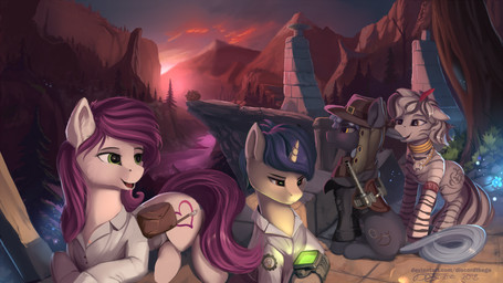 alternate_universe blurred_background brown_eyes clothing cutie_mark day detailed_background ear_nip eyelashes female female_feral feral green_eyes group hair hat headgear headwear hooves horn nipping outside pip-boy purple_hair sky smile discordthege fallout fallout_equestria hasbro microsoft my_little_pony mythology fan_character equid equine mammal mythological_creature mythological_equine unicorn zebra 16:9 2018 colored digital_media_(artwork) digital_painting_(artwork) hi_res painting_(artwork) widescreen
