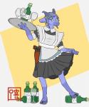 accessory alcohol anthro beverage blue_body blue_hair blue_skin bottomwear bow_accessory bow_ribbon clothed clothing container cup drinking_glass female fully_clothed fur glass glass_container glass_cup green_eyes gun hair hair_accessory hair_bow hair_ribbon holding_bottomwear holding_clothing holding_object holding_skirt holster holstered_pistol hooves horn looking_at_viewer maid_uniform ranged_weapon ribbons simple_background skirt smile solo unguligrade uniform weapon wine wine_bottle wine_glass alvidz mammal 2019 5:6 digital_media_(artwork) hi_res