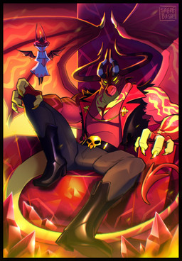 4_eyes 4_fingers 4_horns anthro back_wings biped clothing duo fingers horn membrane_(anatomy) membranous_wings multi_eye multi_horn red_body red_tail shirt size_difference tail toothy_grin topwear tunic two_tone_tail wings yellow_eyes yellow_tail sabrebash hellaverse helluva_boss mythology satan_(helluva_boss) yogirt_(helluva_boss) demon demon_dragon dragon mythological_creature mythological_scalie scalie absurd_res colored hi_res