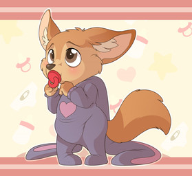 ageplay anthro blush brown_body brown_eyes brown_fur clean_diaper clothed clothing costume diaper diaper_under_clothing elephant_costume fur heart_clothing heart_print heart_symbol male object_in_mouth pacifier pacifier_in_mouth pajamas print_clothing roleplay simple_background solo wearing_diaper young young_anthro young_male bubblepuppers disney zootopia finnick_(zootopia) canid canine fennec_fox fox mammal true_fox letterbox