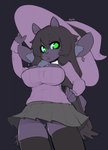 2_horns 5_fingers anthro big_breasts breasts clothed clothing dark_body dark_hair dark_skin female fingers green_eyes horn legwear panties solo stockings underwear rinkae animal_humanoid bovid bovid_humanoid caprine caprine_humanoid goat_humanoid humanoid mammal mammal_humanoid hi_res