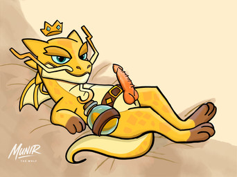 anthro bed belt crown elixir elixir_loong erection facial_hair furniture genitals headgear looking_at_viewer lying male mustache on_back patterned_scales penis pillow potion_bottle reclining royalty simple_background smug_expression solo tactic_royal tail teal_eyes wings yellow_body munirthewolf clash_royale mythology dragon mythological_creature mythological_scalie reptile scalie digital_media_(artwork) hi_res