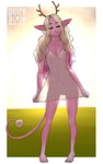 2022 5:8 5_toes absurd_res antlers barefoot blonde_hair breasts clitoris clothed clothing dated dress eyes_closed feet female genitals hair hi_res horn humanoid humanoid_pointy_ears hybrid juicydemon light long_hair multicolored_hair nipple_outline no_underwear outside pink_body pink_hair plantigrade signature small_breasts smile solo standing sundress sunlight toes translucent translucent_clothing two_tone_hair