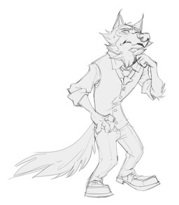 anthro bottomwear cheek_tuft clothing collared_shirt dress_shirt facial_tuft flesh_fang fluffy fluffy_tail footwear hand_on_chin hand_on_hip long_tail looking_up male neck_tuft pants pointy_ears shirt shoes simple_background snout solo tail thinking topwear tuft ruffu beastars legoshi_(beastars) canid canine canis mammal wolf digital_drawing_(artwork) digital_media_(artwork) sketch