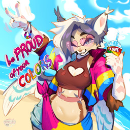anthro beach biped breasts claws clothed clothed_anthro clothed_female clothing cloud day eyewear feathers female fingers front_view fur glasses hair looking_at_viewer navel sand sea sky smile solo standing teeth tongue water wings cocoline_(artist) avian bird domestic_cat felid feline felis hybrid mammal 2026 absurd_res digital_drawing_(artwork) digital_media_(artwork) hi_res