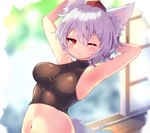 breasts clothed clothing female hair inner_ear_fluff medium_breasts navel red_eyes solo tail tuft white_ears white_hair white_tail wolf_ears wolf_tail konnoinari touhou momiji_inubashiri animal_humanoid canid canid_humanoid canine canine_humanoid humanoid mammal mammal_humanoid wolf_humanoid