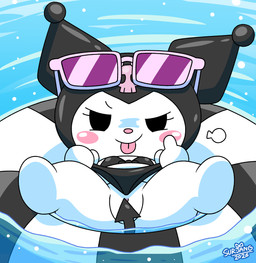 anthro bikini black_clothing blep blush blush_stickers bottomless clothed clothing covering covering_crotch covering_vulva eyelashes female genitals inner_ear_fluff loli long_eyelashes looking_at_viewer mouth_closed smile solo spread_legs spreading swimwear tongue tongue_out tuft two-piece_swimsuit vulva water white_body young surjang onegai_my_melody sanrio kuromi demon lagomorph leporid mammal rabbit absurd_res hi_res