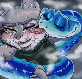 anthro blush bodily_fluids clothing crying duo feral fur licking_tears male sweater tears tongue topwear shimo_mi_0503 disney zootopia gary_de'snake pawbert_lynxley canada_lynx felid feline lynx mammal pit_viper reptile scalie snake viper hi_res