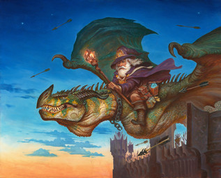 ambiguous_gender arrow_(weapon) beard boots building cloak clothing duo facial_hair feral flying footwear green_body green_scales hat headgear headwear holding_object holding_staff magic_user male membrane_(anatomy) membranous_wings outside purple_cloak purple_clothing ranged_weapon riding scales shoes staff star sunset tower weapon white_beard white_facial_hair wings witch_hat justin_gerard mythology dragon human mammal mythological_creature mythological_scalie scalie 2025 absurd_res hi_res traditional_media_(artwork)