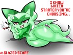 bedroom_eyes curvy_figure drugs female feral lying marijuana narrowed_eyes on_side seductive smug solo thick_thighs wide_hips blazedscarf nintendo pokemon felid feline generation_9_pokemon mammal pokemon_(species) sprigatito 4:3 hi_res