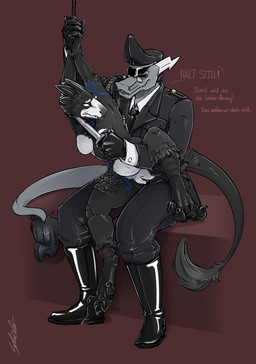 anthro bdsm blood bodily_fluids bondage boots bound claws clothing dagger dominant dominant_male duo female footwear genitals gloves handwear hat headgear headwear knife knife_play leather leather_boots leather_clothing leather_footwear leather_gloves leather_handwear male male/female melee_weapon military_cap military_clothing military_uniform shoes sickle_claw submissive submissive_female toe_claws uniform vulva weapon lowrider-girl mythology egon_schroeder dinosaur dragon dromaeosaurid mythological_creature mythological_scalie prehistoric_species reptile saurischian scalie theropod absurd_res hi_res