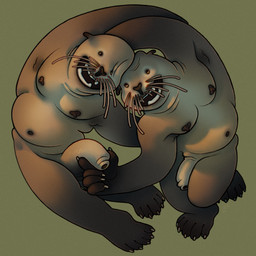 anthro black_nose brown_body dark_nipples duo flaccid genitals half-erect intertwined male male/male musclegut muscular pecs penis petting simple_background slightly_chubby slightly_chubby_male small_eyes smile touching_penis whiskers ravuer mammal mustelid otter river_otter 1:1 hi_res