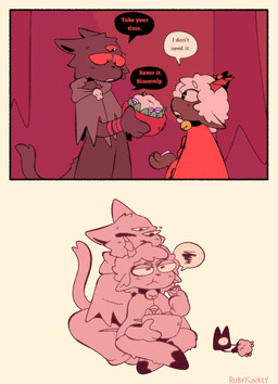 2_horns 3_eyes ambiguous_anthro ambiguous_gender anthro bowl clothed clothed_ambiguous clothing container dialogue duo eating eye_contact food fur holding_bowl holding_container holding_food holding_object horn looking_at_another multi_eye red_eyes speech_bubble talking_to_another text white_body white_fur white_wool wool_(fur) rubyfunkey cult_of_the_lamb massive_monster_(studio) lamb_(cult_of_the_lamb) narinder bovid caprine domestic_cat felid feline felis mammal sheep 2024 comic digital_drawing_(artwork) digital_media_(artwork) english_text hi_res