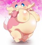 audino belly big_belly big_breasts blue_eyes blush breaking_floor breasts chinchira_(pixiv13404505) countershading female fur generation_5_pokemon happy nintendo obese obese_female overweight overweight_female pink_body pink_fur pokemon pokemon_(species) smile solo thick_thighs yellow_body yellow_fur