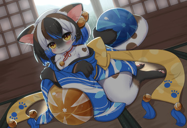 accessory anthro asian_clothing bell bell_collar black_hair blue_clothing blue_hair blush breasts brown_body brown_fur clothing collar crystal_ball east_asian_clothing female female_anthro fur hair hair_accessory hair_bell japanese_architecture japanese_clothing kemono multicolored_body multicolored_clothing multicolored_fur multicolored_hair pawpads paws raining solo white_body white_clothing white_fur white_hair horokusa0519 monster_musume_td hagi_(monster_musume_td) domestic_cat felid feline felis mammal 2023 hi_res