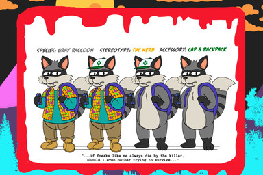 1980s_theme anthro backpack backpack_only black_feet black_hands black_nose blood bodily_fluids bottomwear bright_colors brown_bottomwear brown_clothing brown_pants cheek_tuft chest_tuft clothing facial_tuft feet footwear frown fur grey_body grey_fur head_tuft horror_(theme) humor long_shirt male nerd no_genitals notched_ear nude overweight pants pattern_clothing pattern_shirt pattern_topwear pointy_ears quote sharp_teeth shirt shoes snapback_hat solo teeth text topwear tuft alystairphantem the_party_animals walkman alex_bandit_(the_party_animals) mammal procyonid raccoon 3:2 absurd_res english_text hi_res model_sheet