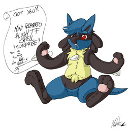 after_transformation black_body black_fur blue_body blue_fur fabric feral fur male open_mouth pawpads plushie plushification scroll seam_(sewing) simple_background solo spikes spikes_(anatomy) tan_body tan_fur text white_background moofers-mufa nintendo pokemon canid canine generation_4_pokemon lucario mammal pokemon_(species) 1:1 english_text hi_res signature